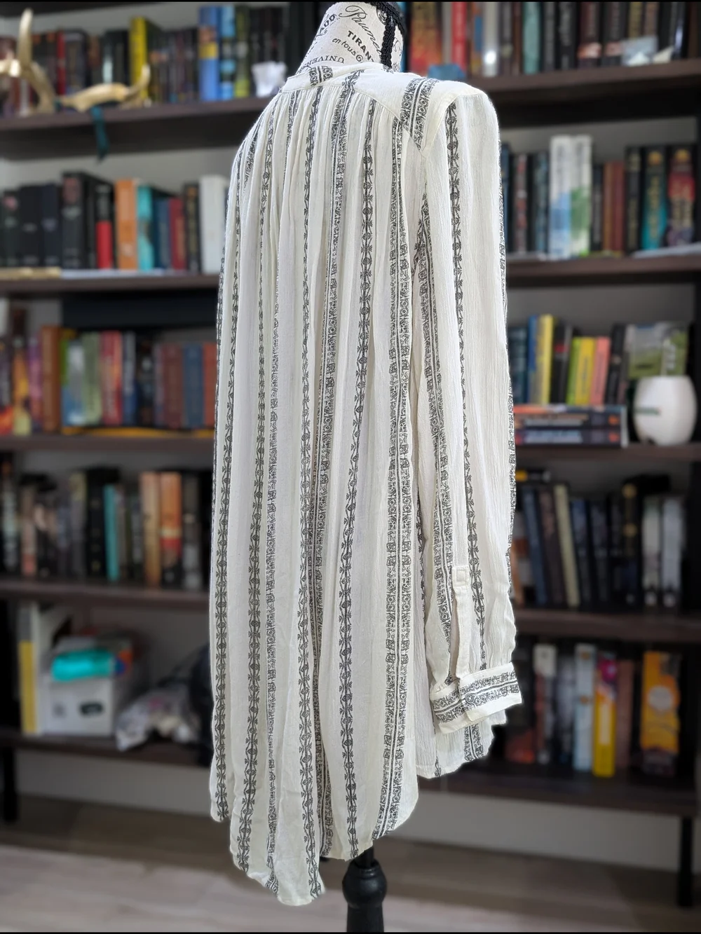 Free People White Boho Stripe Tunic Top with Black Accent Stripes